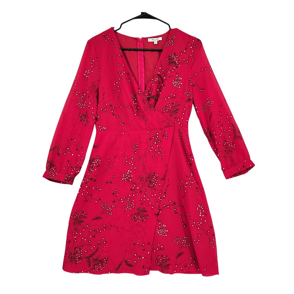 Madewell Wrap Dress 2 Hazelwood Red Windswept Floral Faux Wrap Mini Long Sleeve